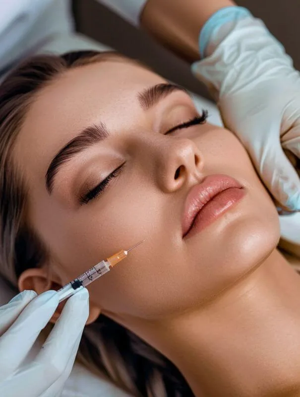 Gros plan sur une femme aux traits harmonieux, allongée avec les yeux fermés, recevant une injection esthétique au niveau de la joue. Un professionnel de santé, portant des gants médicaux, tient une seringue remplie d’un produit injecté avec précision. L’image évoque des traitements esthétiques à Nîmes, comme les injections d’acide hyaluronique ou de botox, visant à rajeunir la peau et à sublimer les contours du visage